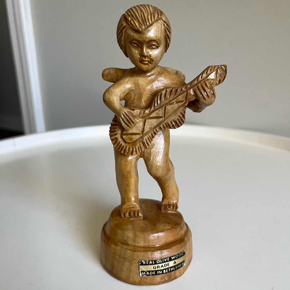 Olive Wood Angel Cherub Playing Guitar Hand Carved Bethlehem Sculptured Figurine